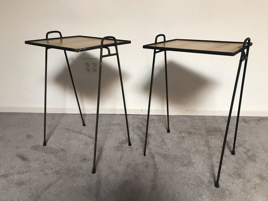 JUST ADDED - Pair Of Mid-Century Modern Wrought Iron Side Tables 16W X 14D X 26H [Photo 2]