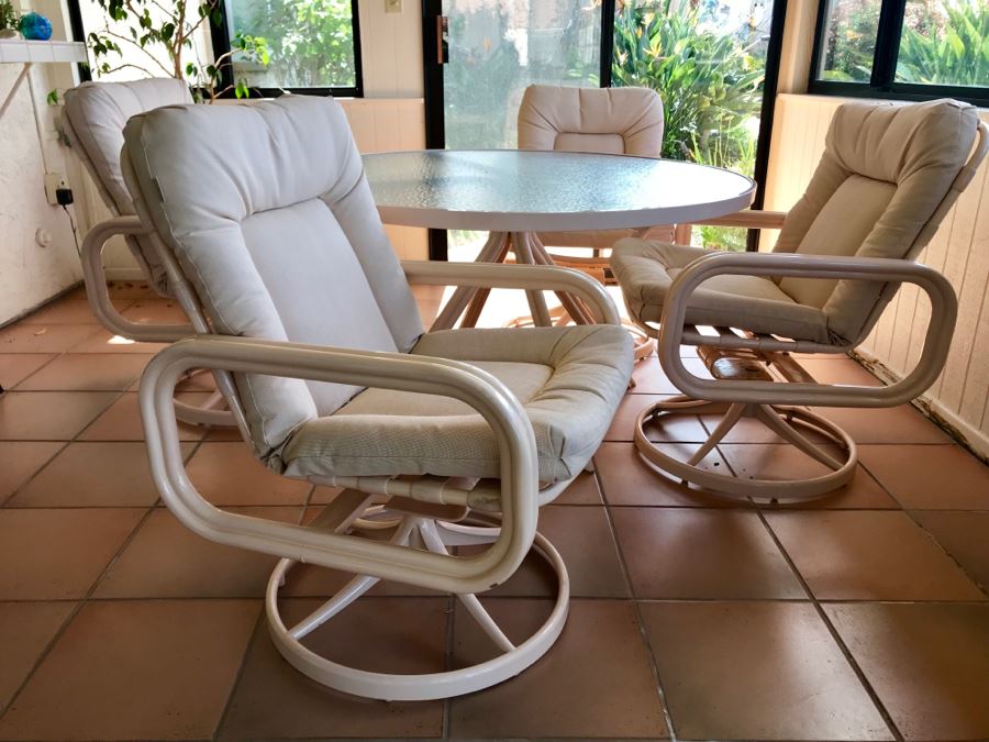 JUST ADDED - Like New Vintage Vibe Pink Tropitone Outdoor Patio Set With (4) Swivel Chairs And Round Table (Kept In Sunroom)