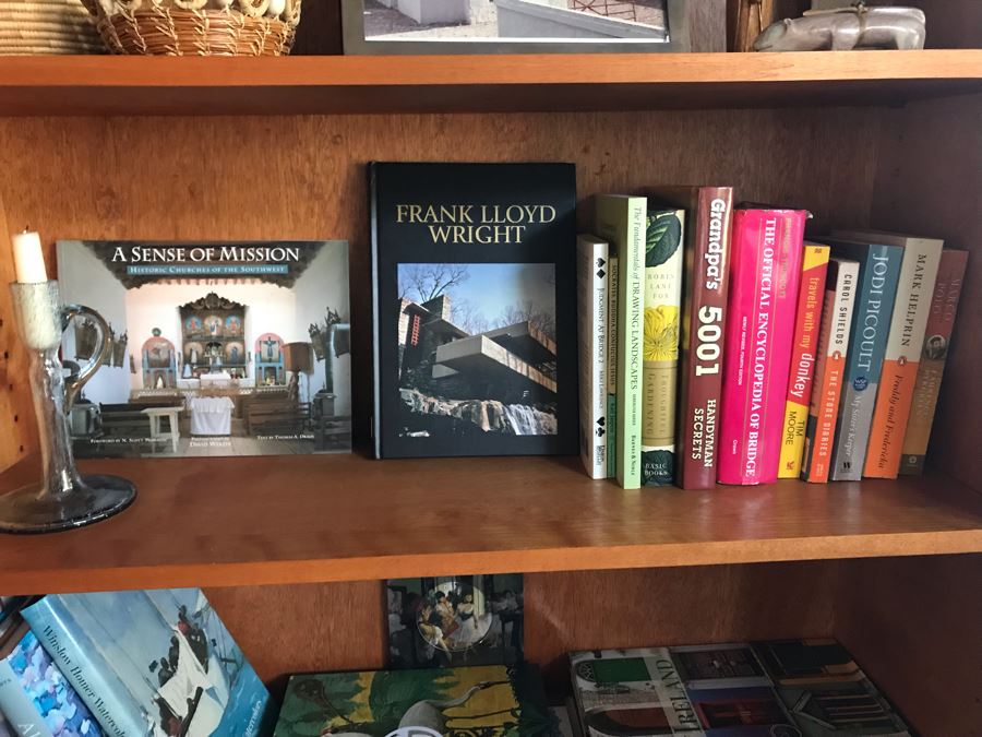 JUST ADDED - Book Lot Shown On Center Shelf And Glass Candle Holder [Photo 2]