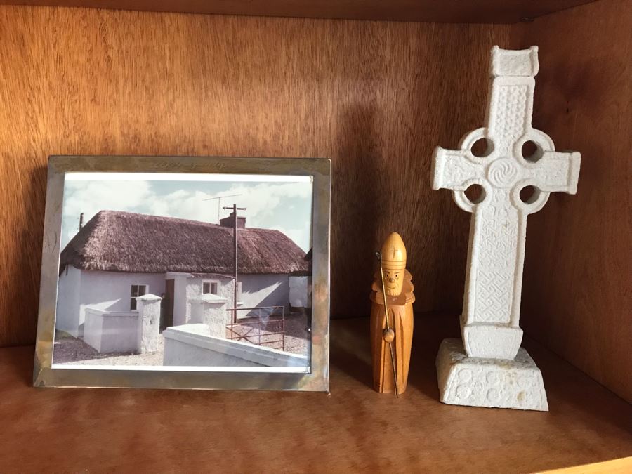 JUST ADDED - Sterling Silver Picture Frame 10 X 8, Irish Cross Sculpture 11H And Wooden Sculpture [Photo 1]
