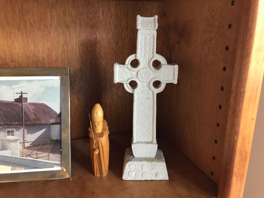 JUST ADDED - Sterling Silver Picture Frame 10 X 8, Irish Cross Sculpture 11H And Wooden Sculpture [Photo 2]