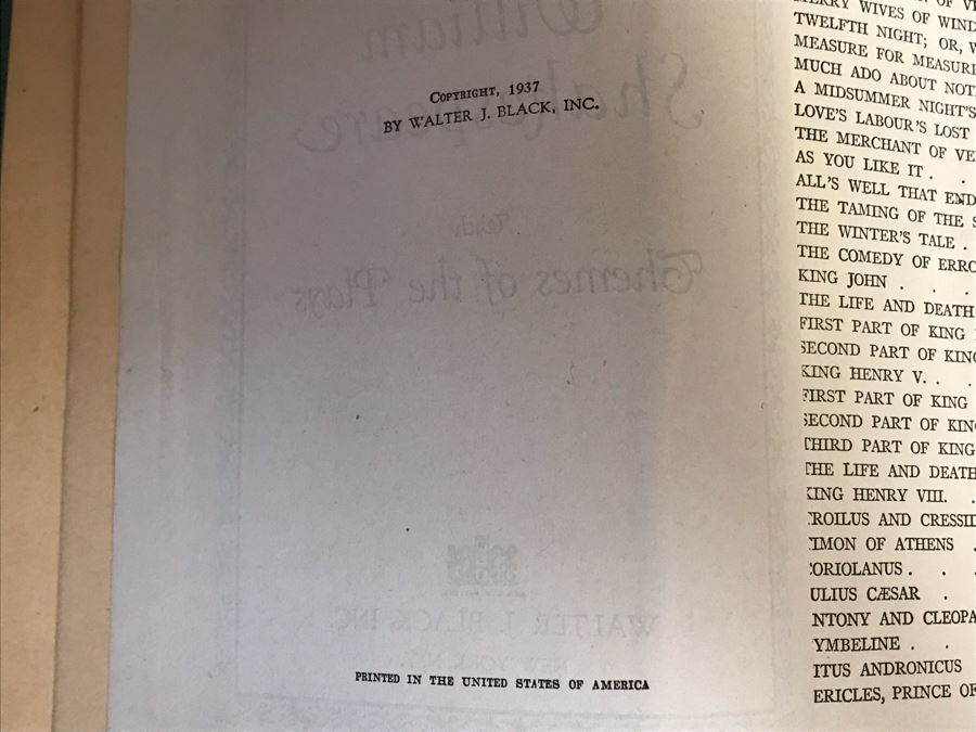 JUST ADDED - Vintage 1937 Hardcover Book: The Complete Works Of William Shakespeare With Themes Of The Plays Walter J. Black, Inc New York, N.Y. [Photo 5]