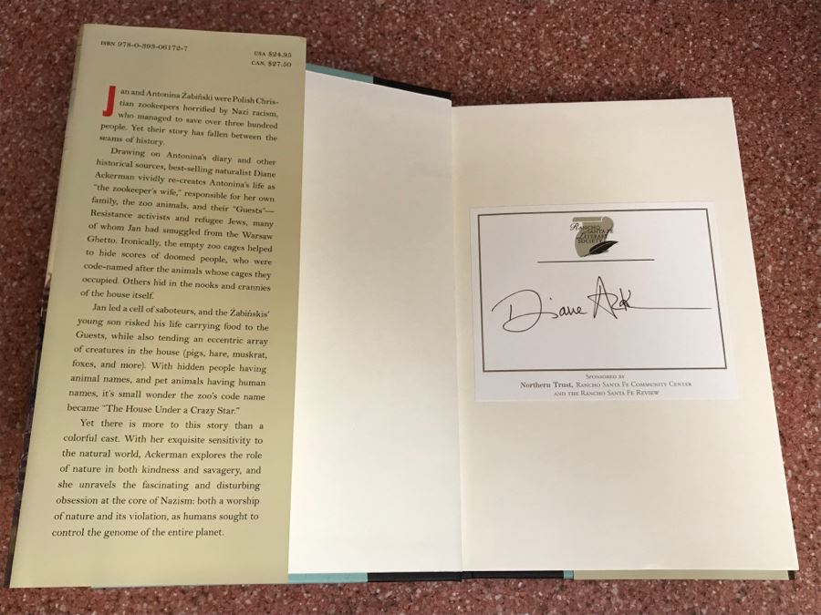 JUST ADDED - Signed Book: The Zookeeper's Wife A War Story By Diane Ackerman [Photo 3]