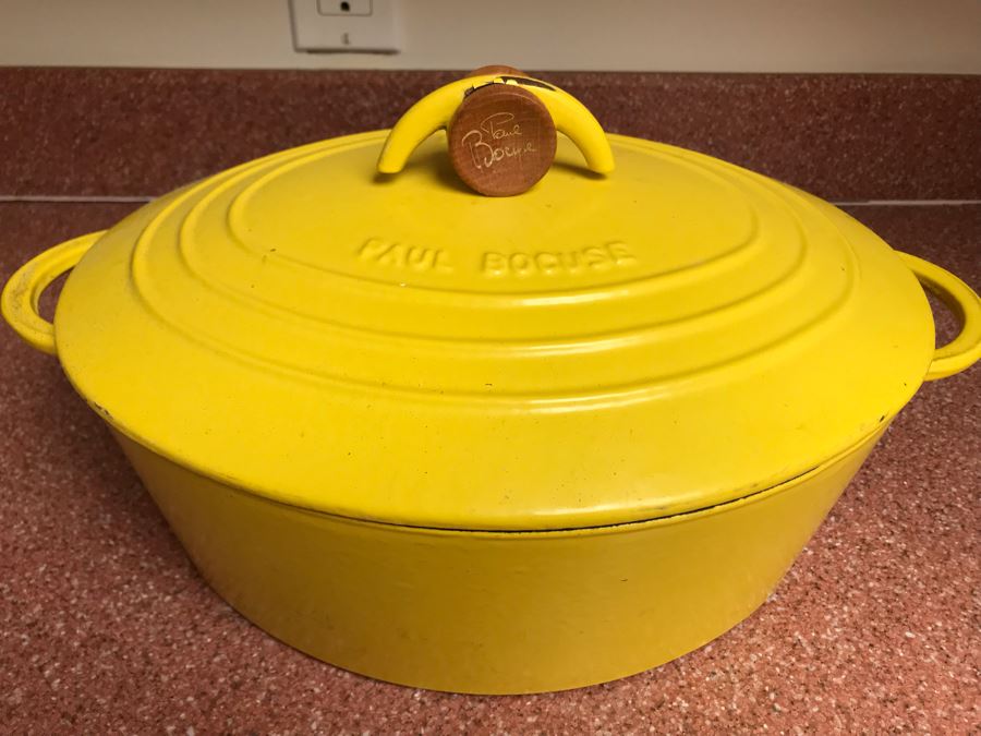 JUST ADDED - Paul Boguse Nomar Staub Yellow Enamel Cast Iron Roaster Dutch Oven #31 Made In France 14W X 11D X 7H