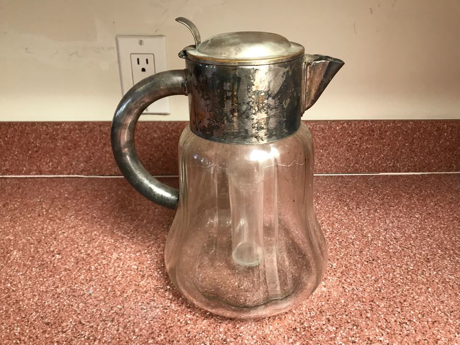 JUST ADDED - Vintage Glass Pitcher With Inner Ice Core Chamber 10H