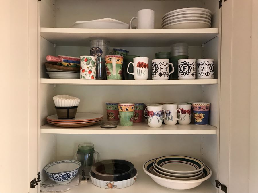 JUST ADDED - Cabinet Filled With Various Coffee Cups Including Fisher Scientific Cups, Culinary Essentials Italian Bowls, Cups And Plates - See Photos [Photo 1]