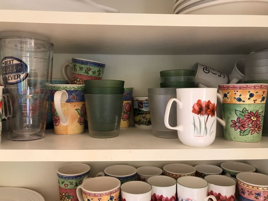 JUST ADDED - Cabinet Filled With Various Coffee Cups Including Fisher Scientific Cups, Culinary Essentials Italian Bowls, Cups And Plates - See Photos [Photo 4]