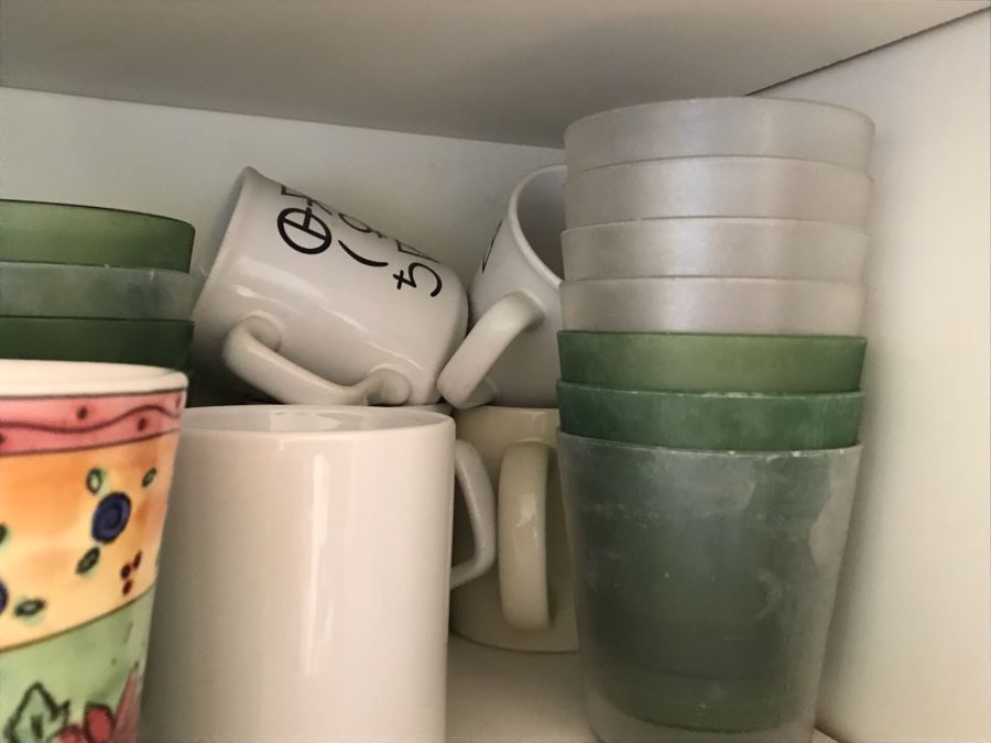 JUST ADDED - Cabinet Filled With Various Coffee Cups Including Fisher Scientific Cups, Culinary Essentials Italian Bowls, Cups And Plates - See Photos [Photo 14]