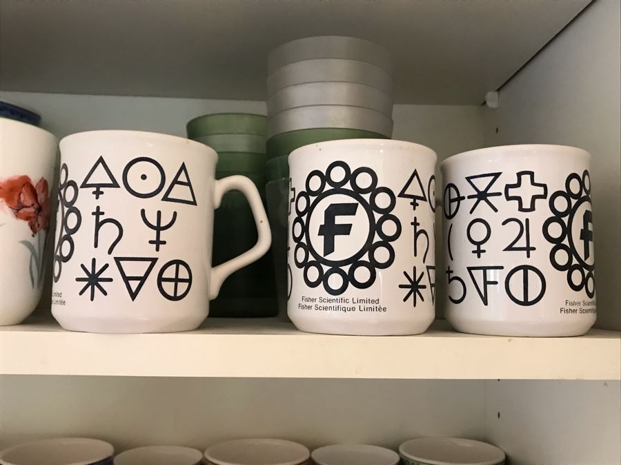 JUST ADDED - Cabinet Filled With Various Coffee Cups Including Fisher Scientific Cups, Culinary Essentials Italian Bowls, Cups And Plates - See Photos [Photo 3]