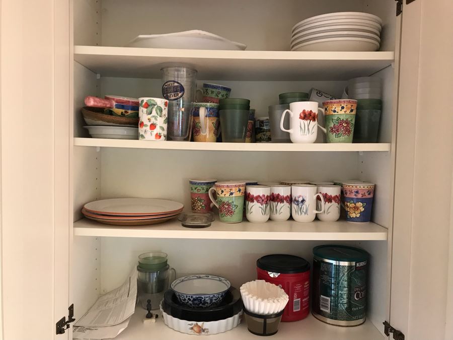 JUST ADDED - Cabinet Filled With Various Coffee Cups Including Fisher Scientific Cups, Culinary Essentials Italian Bowls, Cups And Plates - See Photos [Photo 2]