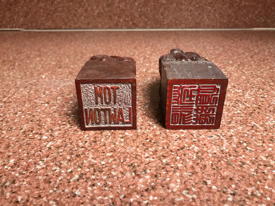 JUST ADDED - Pair Of Carved Stone Foo Dog Seals 3'H [Photo 3]