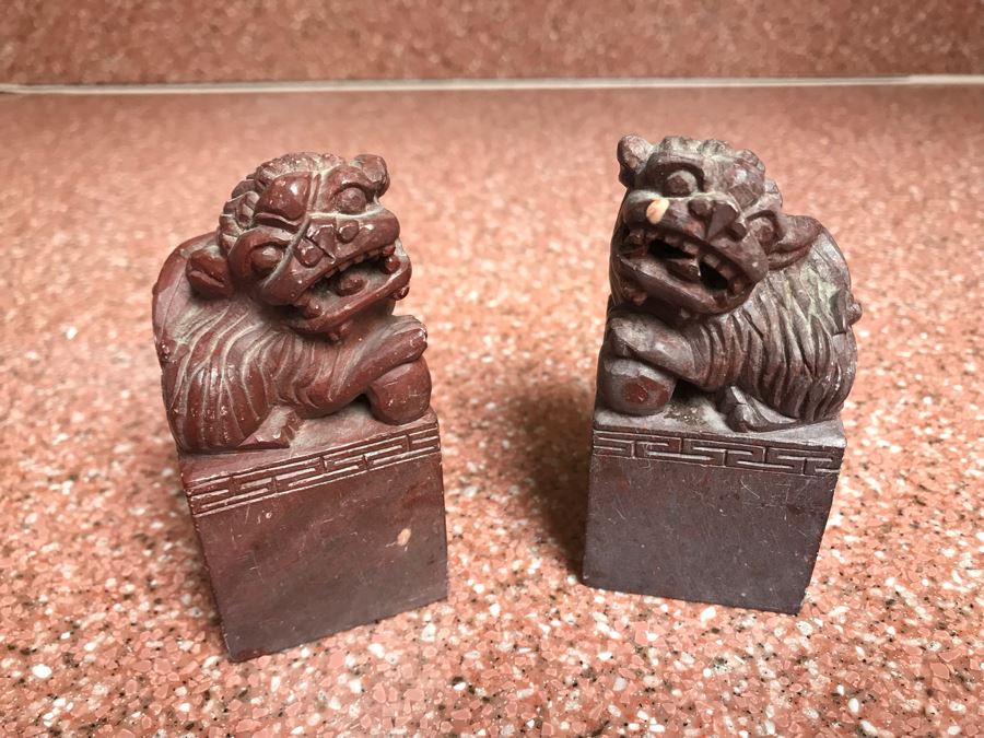 JUST ADDED - Pair Of Carved Stone Foo Dog Seals 3'H [Photo 2]