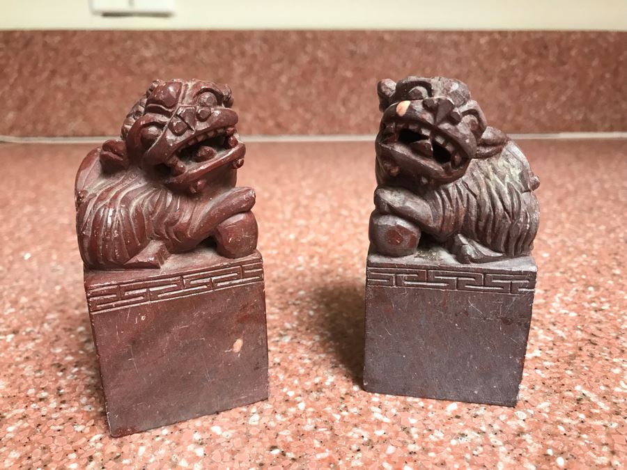 JUST ADDED - Pair Of Carved Stone Foo Dog Seals 3'H [Photo 1]