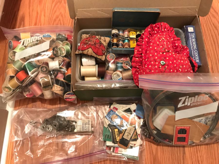 JUST ADDED - Large Collection Of Various Sewing Supplies Including Sewing Machine Parts, Sewing Thread, Needles, Etc - See Photos [Photo 1]