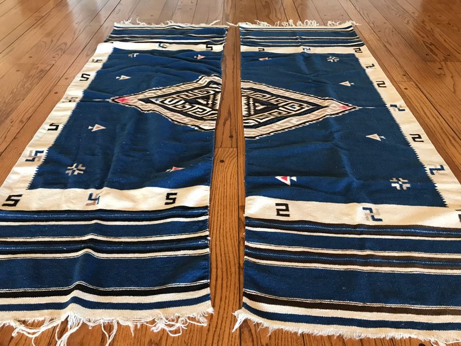 JUST ADDED - Vintage Native American Blanket Appears To Have Been Split Down Middle - Pair Of Runners Rugs - Each 26 X 76 [Photo 6]