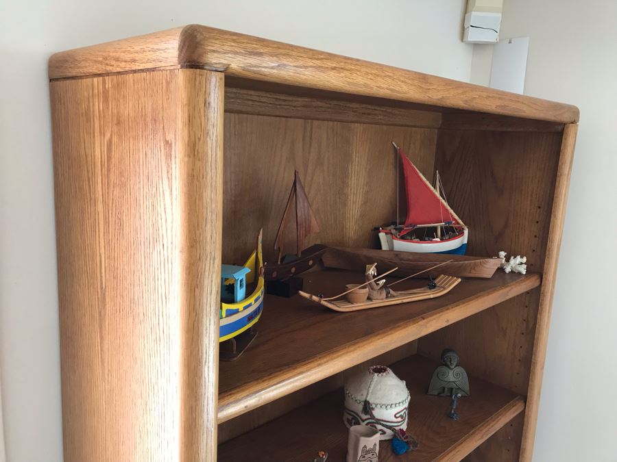 JUST ADDED - Oak Bookshelf With Various Ethnic Figurines And Artwork 36W X 13D X 70.5H - See Photos [Photo 4]