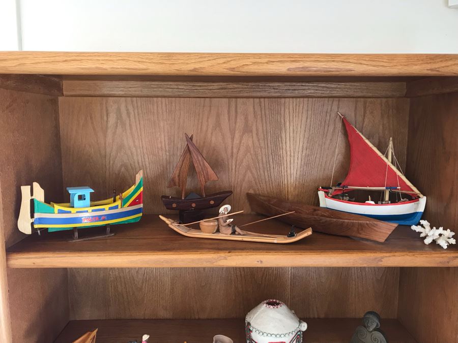 JUST ADDED - Oak Bookshelf With Various Ethnic Figurines And Artwork 36W X 13D X 70.5H - See Photos [Photo 5]