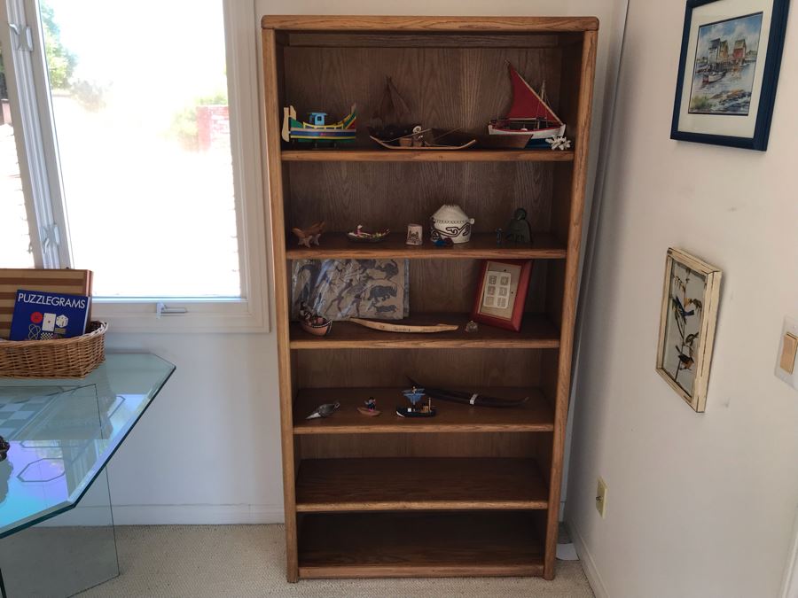 JUST ADDED - Oak Bookshelf With Various Ethnic Figurines And Artwork 36W X 13D X 70.5H - See Photos [Photo 2]
