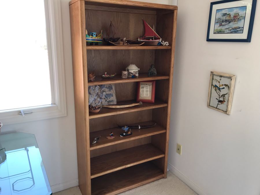 JUST ADDED - Oak Bookshelf With Various Ethnic Figurines And Artwork 36W X 13D X 70.5H - See Photos [Photo 3]