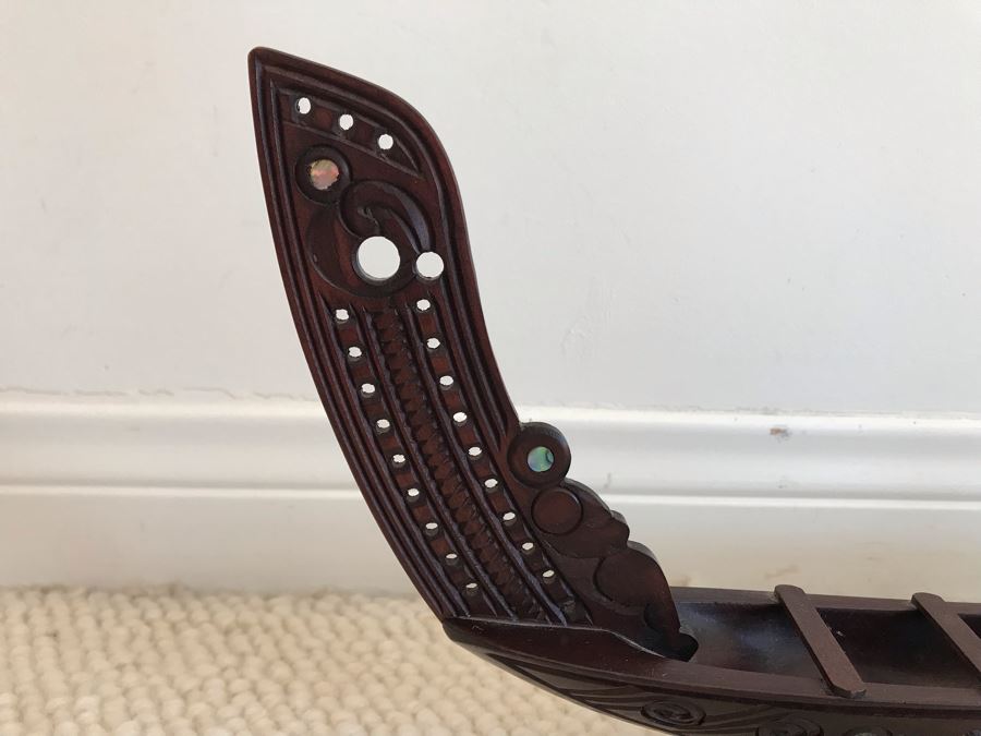 JUST ADDED - Hand Carved Canoe Sculpture By Ron Andrews From New Zealand 20W X 2D X 8H [Photo 3]