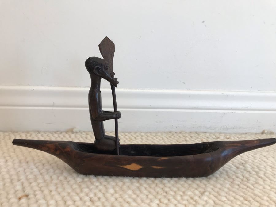 JUST ADDED - Hand Carved African Man In Canoe Sculpture 13W X 6.5H [Photo 1]