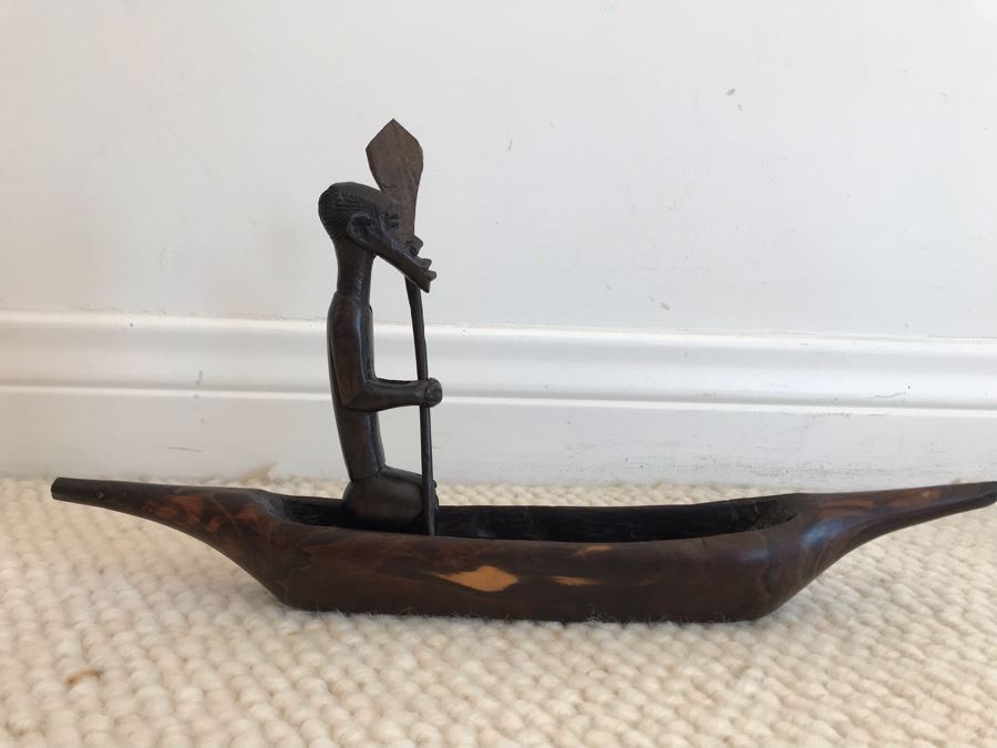 JUST ADDED - Hand Carved African Man In Canoe Sculpture 13W X 6.5H [Photo 2]