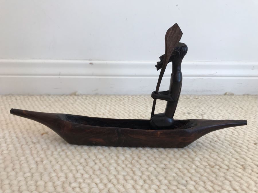 JUST ADDED - Hand Carved African Man In Canoe Sculpture 13W X 6.5H [Photo 5]