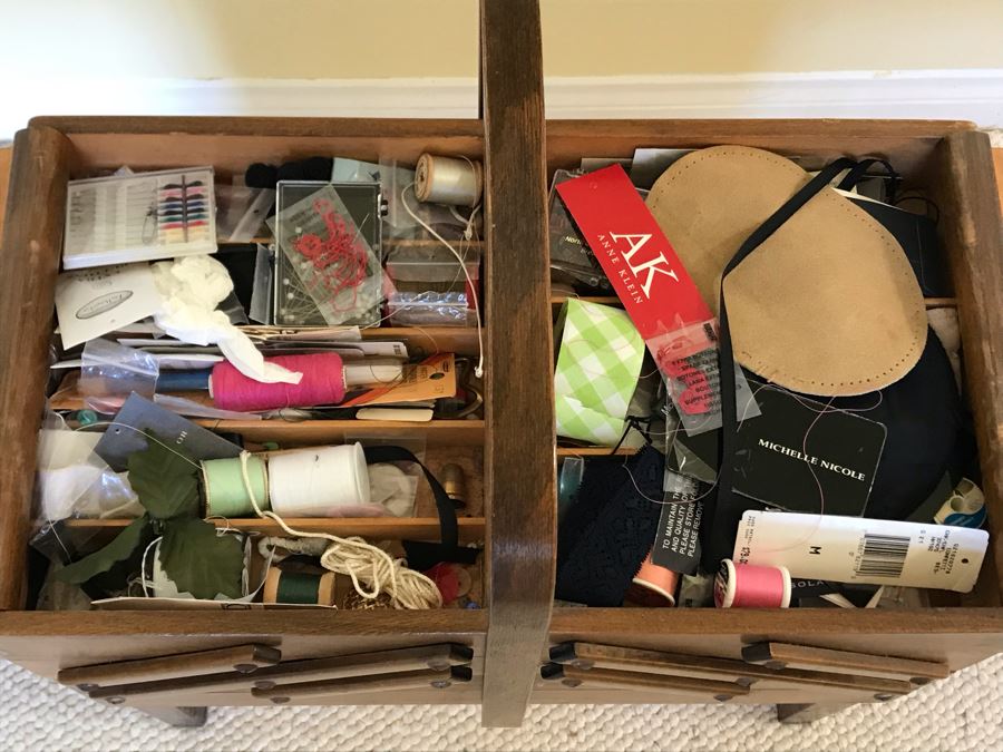 JUST ADDED - Vintage Strommen Bruk Hamar Accordion Sewing From Norway Filled With Sewing Supplies 21W X 12D X 23H [Photo 3]