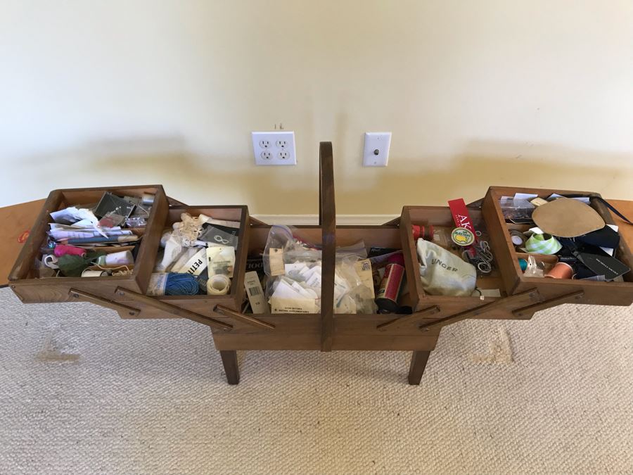 JUST ADDED - Vintage Strommen Bruk Hamar Accordion Sewing From Norway Filled With Sewing Supplies 21W X 12D X 23H [Photo 5]