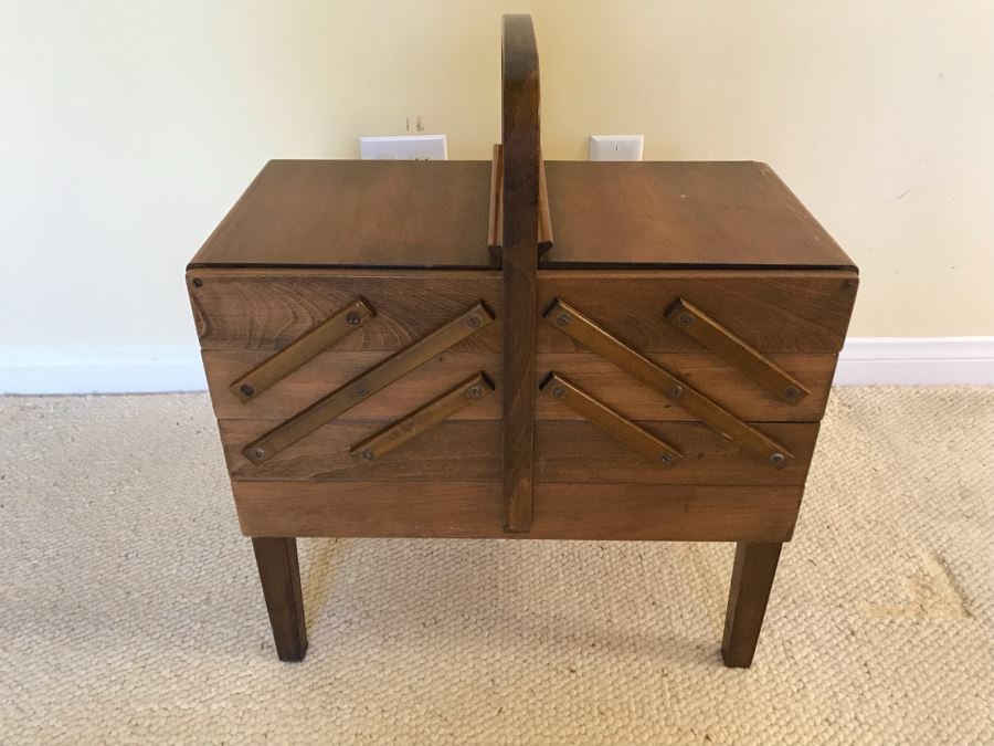 JUST ADDED - Vintage Strommen Bruk Hamar Accordion Sewing From Norway Filled With Sewing Supplies 21W X 12D X 23H [Photo 2]