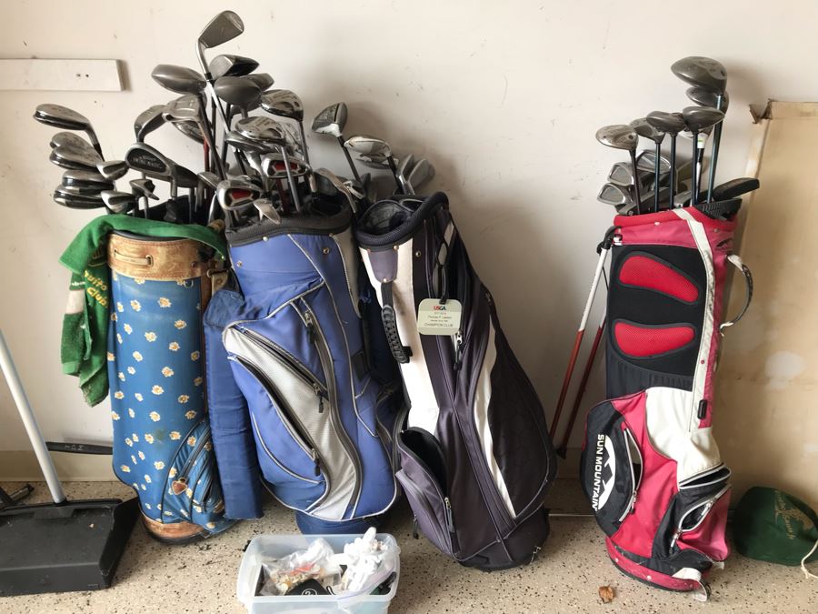 JUST ADDED - Golf Clubs, Golfing Bags, Golfing Accessories Lot Including Callaway, Taylor Made, Ben Hogan - See Photos