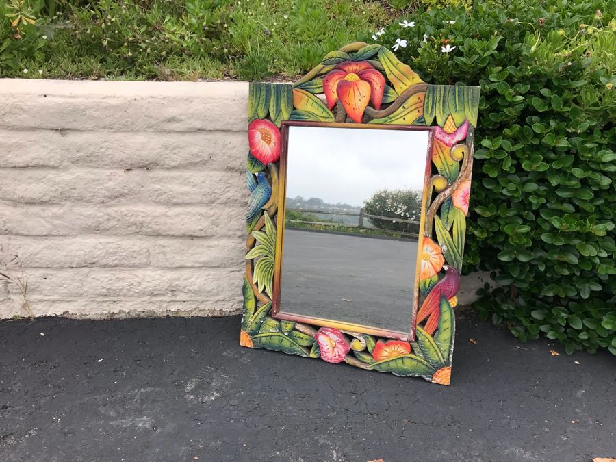JUST ADDED - Painted Tropical Flowers With Birds Wooden Wall Mirror 22 X 32 [Photo 2]