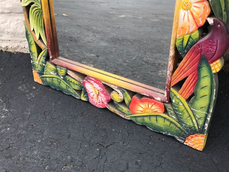 JUST ADDED - Painted Tropical Flowers With Birds Wooden Wall Mirror 22 X 32 [Photo 4]
