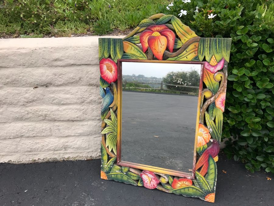 JUST ADDED - Painted Tropical Flowers With Birds Wooden Wall Mirror 22 X 32 [Photo 1]
