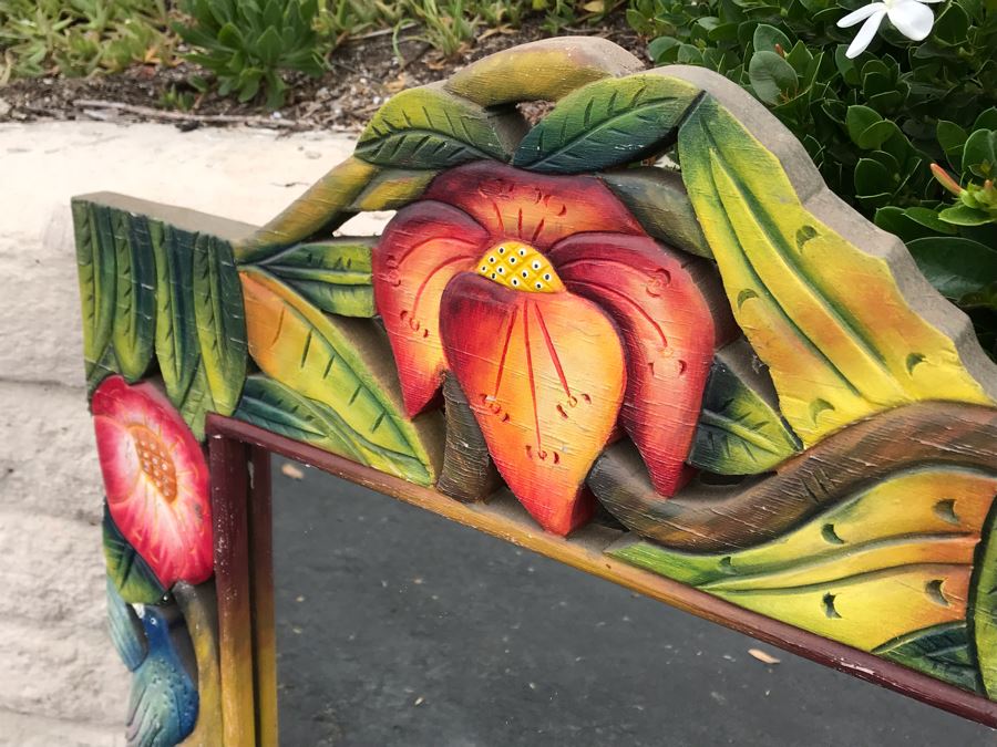 JUST ADDED - Painted Tropical Flowers With Birds Wooden Wall Mirror 22 X 32 [Photo 3]