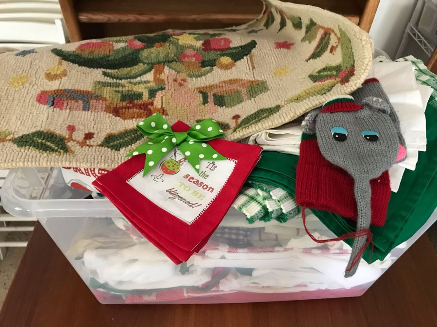 JUST ADDED - Plastic Bin Filled With Christmas Themed Linens / Tablecloths Including Christmas Hooked Rug