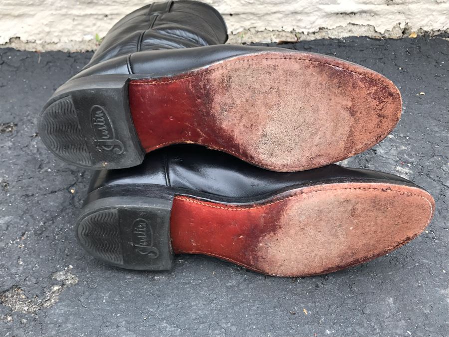 JUST ADDED - JUSTIN Black Leather Men's Cowboy Boots Size 10 [Photo 7]