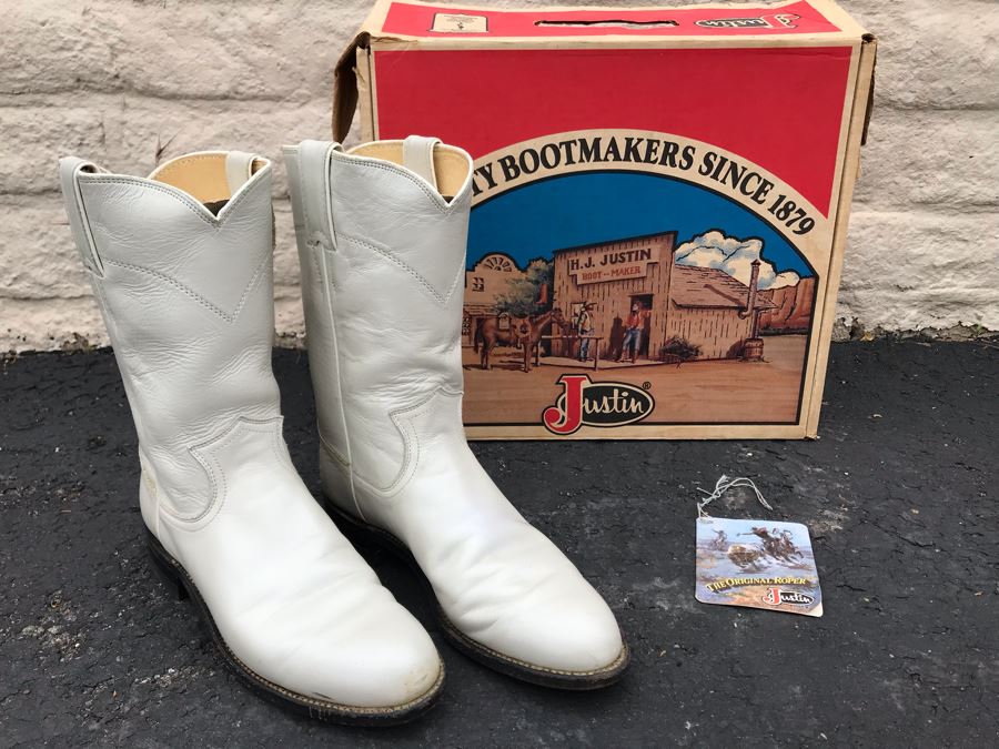 JUST ADDED - Justin Girl's White Pearl Leather Kiddie Cowgirl Boots Roper Size 7