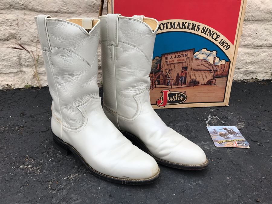 JUST ADDED - Justin Girl's White Pearl Leather Kiddie Cowgirl Boots Roper Size 7 [Photo 3]