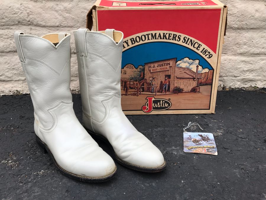 JUST ADDED - Justin Girl's White Pearl Leather Kiddie Cowgirl Boots Roper Size 7 [Photo 2]