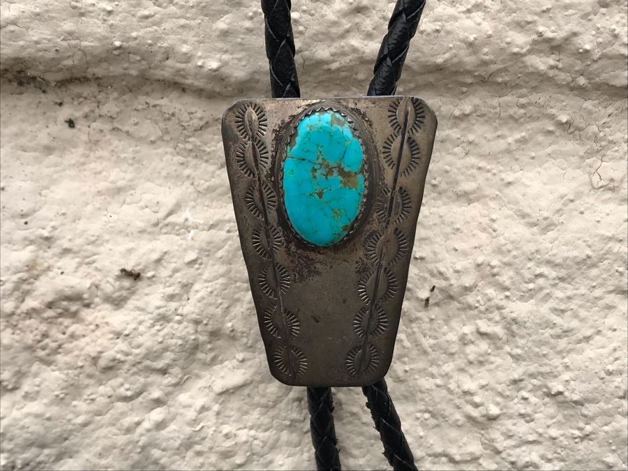 JUST ADDED - Signed Sterling Silver Turquoise  Bolo Tie [Photo 2]