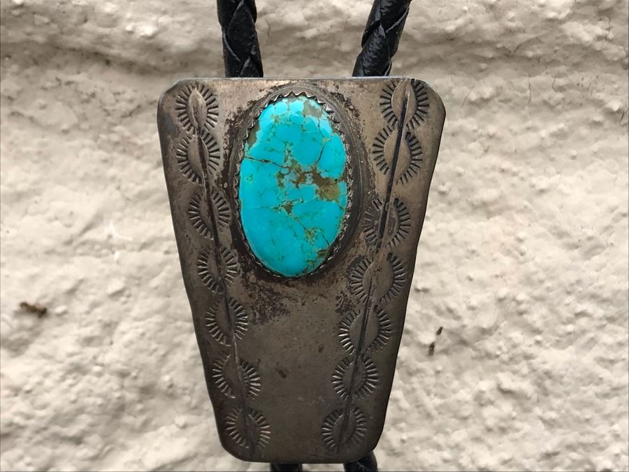 JUST ADDED - Signed Sterling Silver Turquoise  Bolo Tie [Photo 3]
