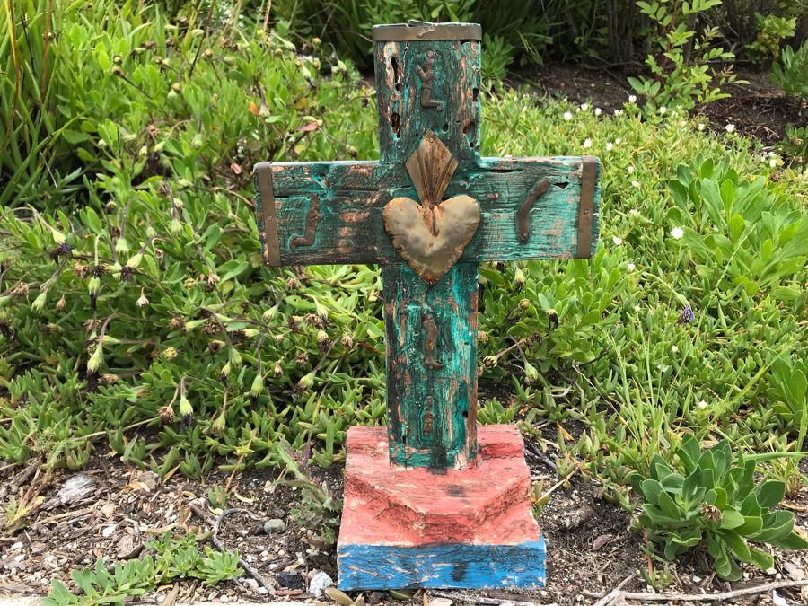 JUST ADDED - Hand Painted Wooden Folk Art Cross With Metal Ornamentation 8W X 13H [Photo 2]