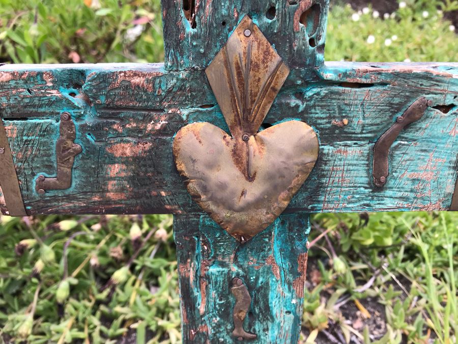 JUST ADDED - Hand Painted Wooden Folk Art Cross With Metal Ornamentation 8W X 13H [Photo 4]