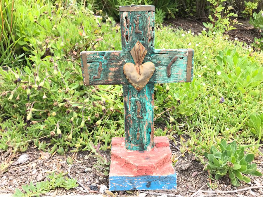 JUST ADDED - Hand Painted Wooden Folk Art Cross With Metal Ornamentation 8W X 13H [Photo 1]