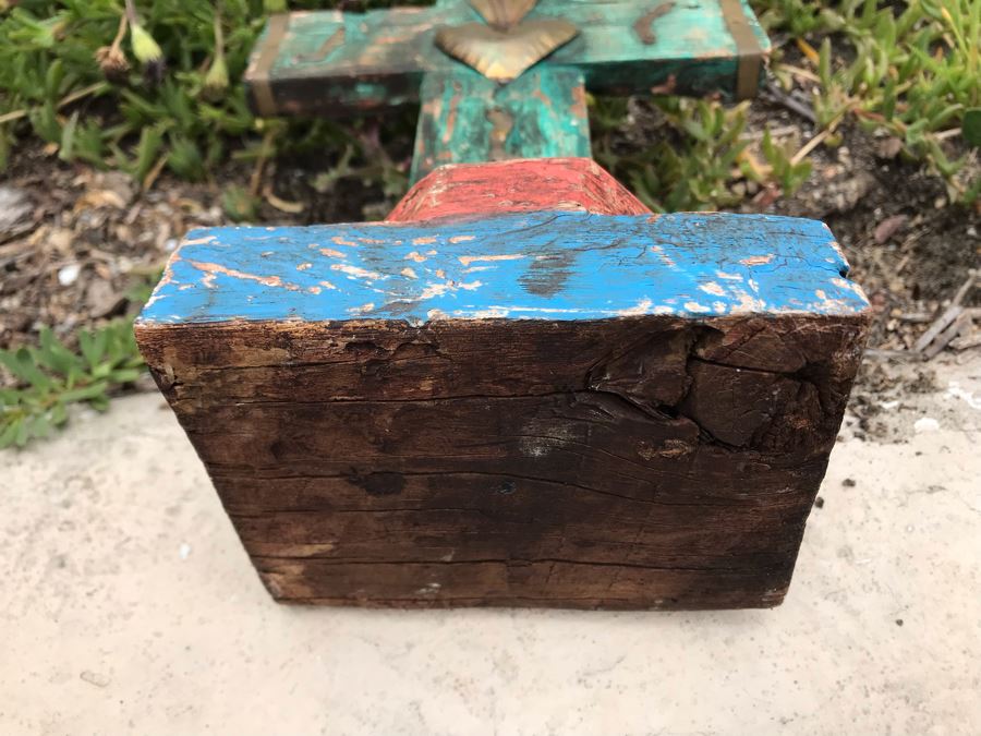 JUST ADDED - Hand Painted Wooden Folk Art Cross With Metal Ornamentation 8W X 13H [Photo 7]