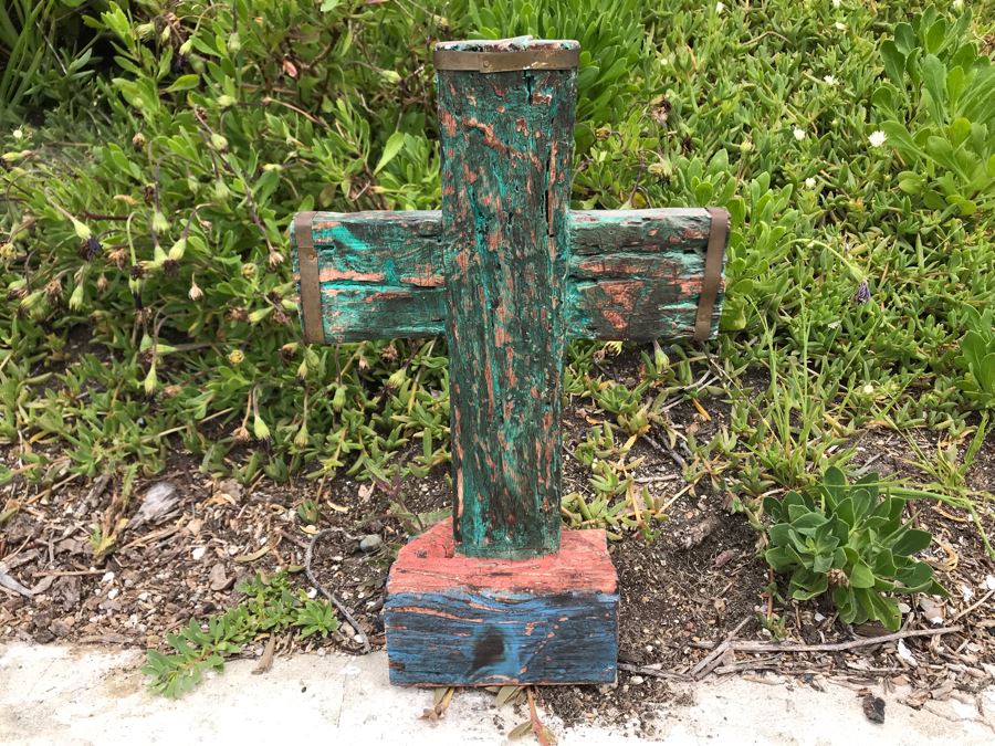 JUST ADDED - Hand Painted Wooden Folk Art Cross With Metal Ornamentation 8W X 13H [Photo 6]