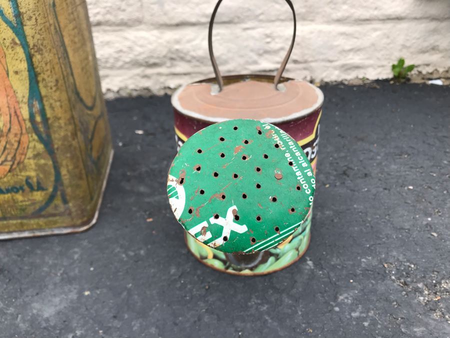 JUST ADDED - Large Vintage Olive Oil Tin Litho 10W X 10D X 16H And Handmade Watering Can 11H [Photo 5]