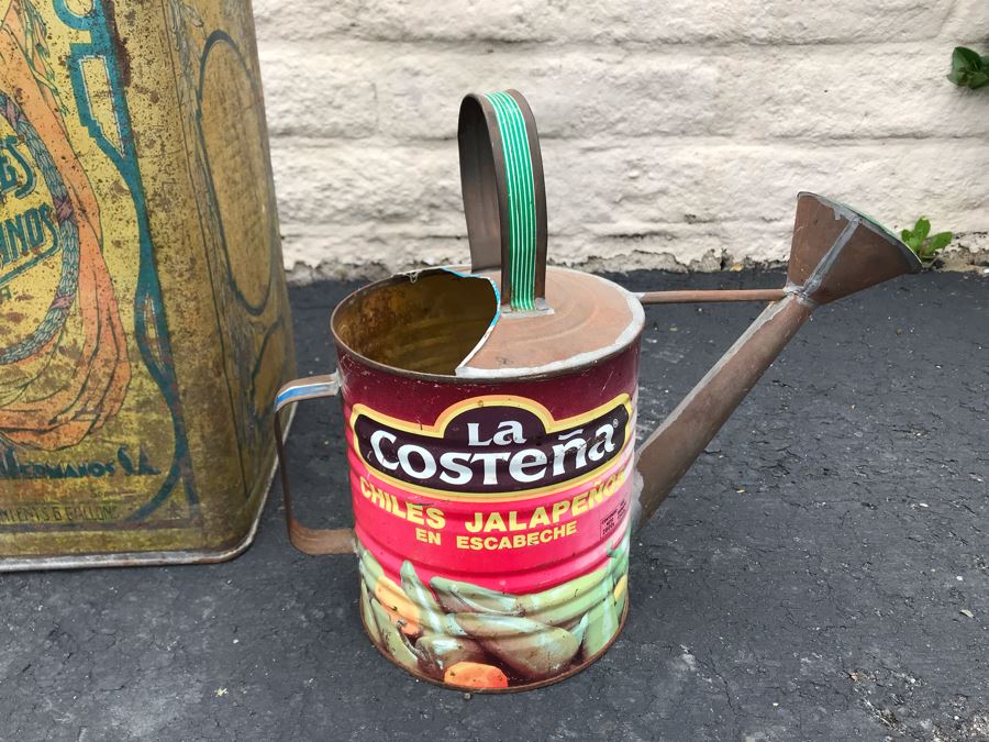 JUST ADDED - Large Vintage Olive Oil Tin Litho 10W X 10D X 16H And Handmade Watering Can 11H [Photo 4]