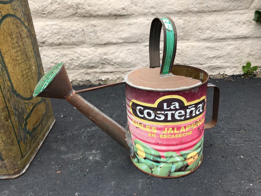 JUST ADDED - Large Vintage Olive Oil Tin Litho 10W X 10D X 16H And Handmade Watering Can 11H [Photo 3]
